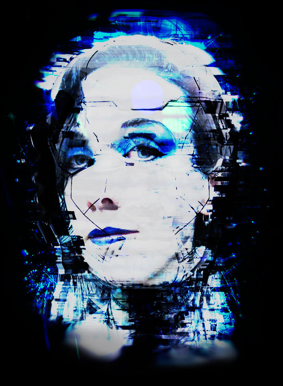 Picture of the author, a pale-skinned, dark-haired, arguably female-presenting person with dramatic blue and black makeup. The image has been modified and stylised to increase colour contrast and overlay lines and effects that hint at glitchy tech and robotics.